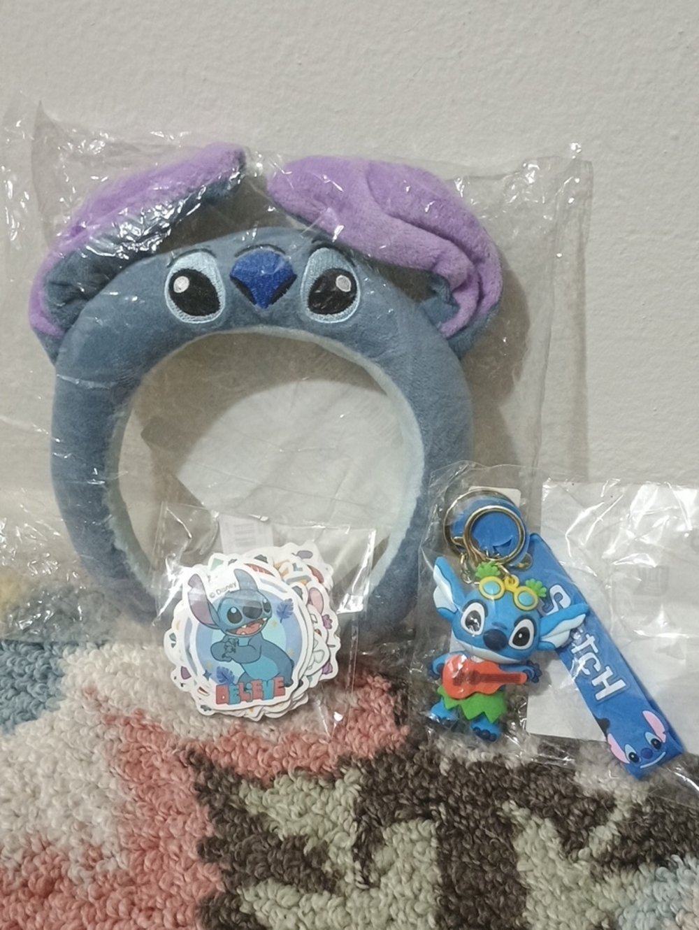 Stitch Plush Headband, Keychain, & Sticker Set - NWT